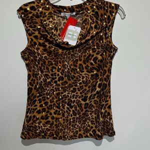 Emily Daniels Women's Tan Black Leaopard Cowl Neck Sleeveless Blouse Small NWT